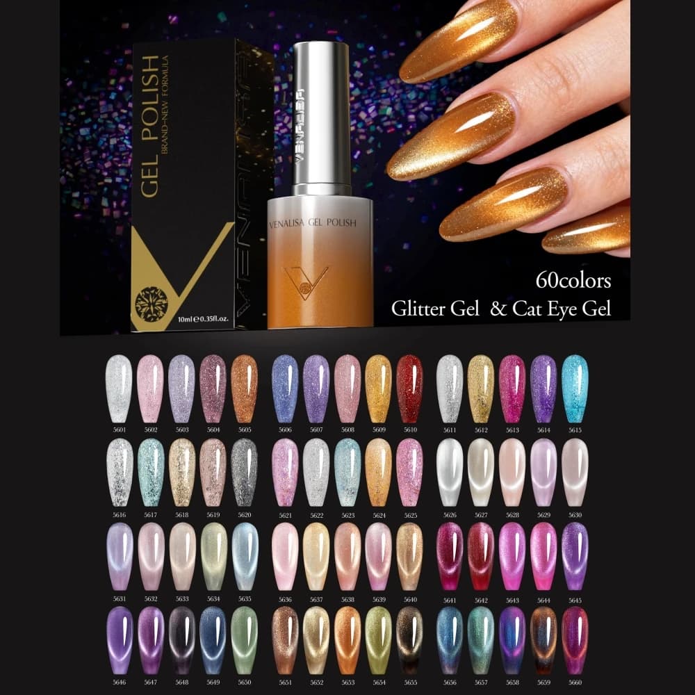 VENALISA Kit Smalto Gel per Unghie 10ml Senza Hema/TPO, 5/18/60 Colori, Gel Puro Effetto Occhio di Gatto, Glitter, UV LED Soak-Off, per Manicure Fai da Te