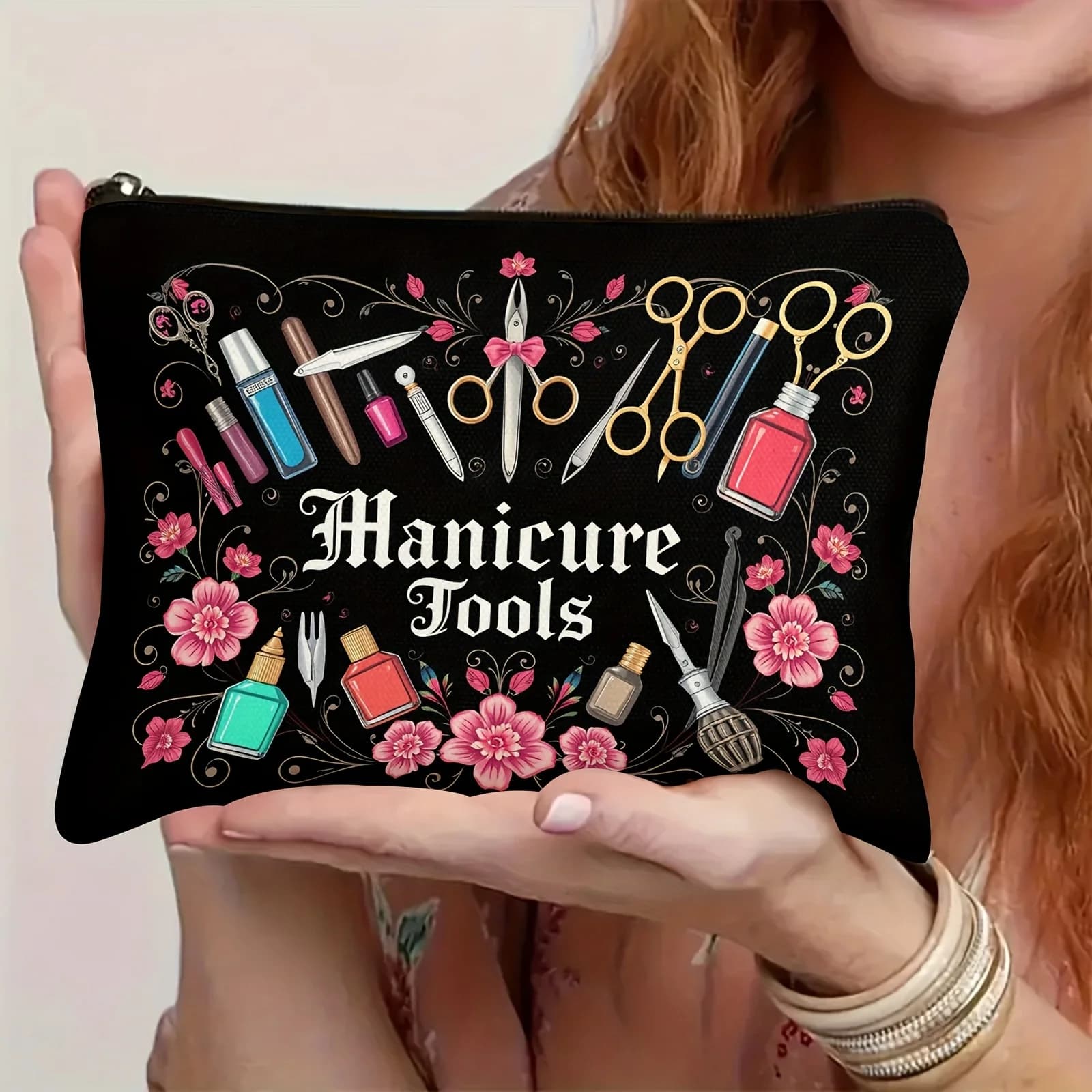 1 piece of tool for nail art, multifunctional travel bag for makeup with vibrant retro floral design, snack bag, stationery bag, fashionable toilet bag, zipper case printed on both sides in canvas