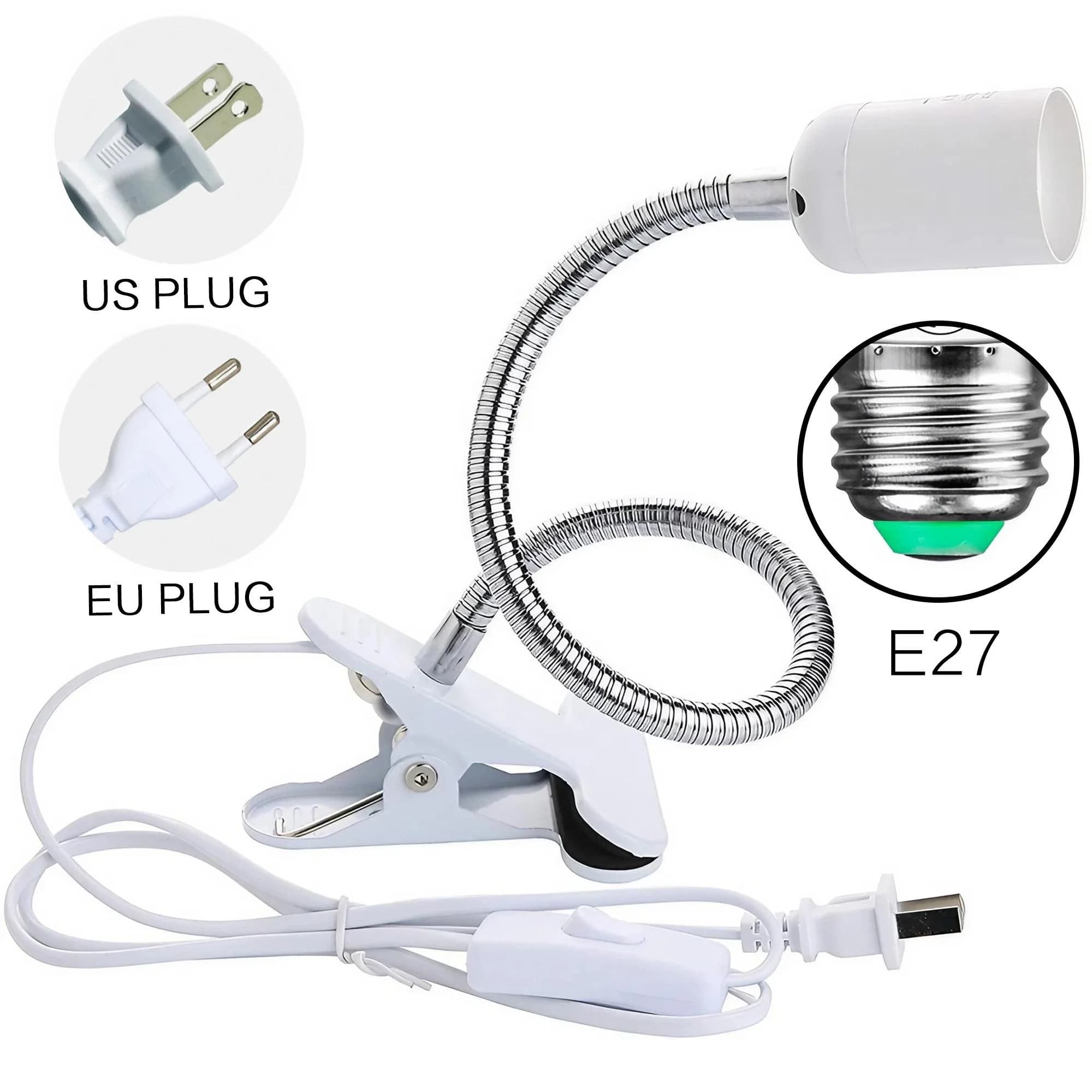 Spina UE USA Portalampada da tavolo flessibile da 360 gradi E27 Base luminosa Cavo clip-on a collo di cigno con interruttore di accensione per la casa