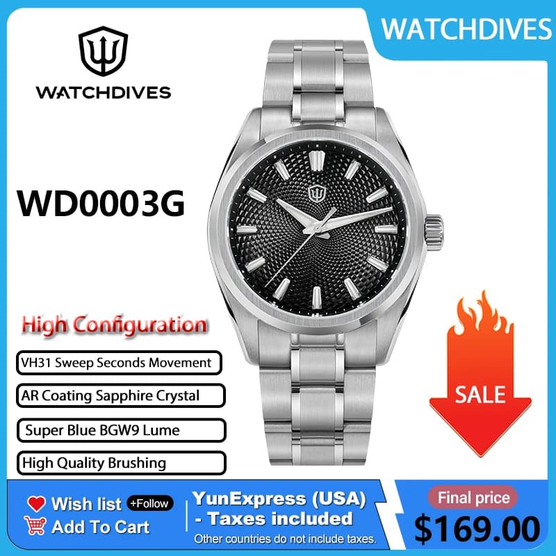 Watchdives WD0003G Guilloche quadrante orologio da uomo VH31 Sweep secondi movimento al quarzo zaffiro luminoso 10Bar impermeabile 38mm orologi