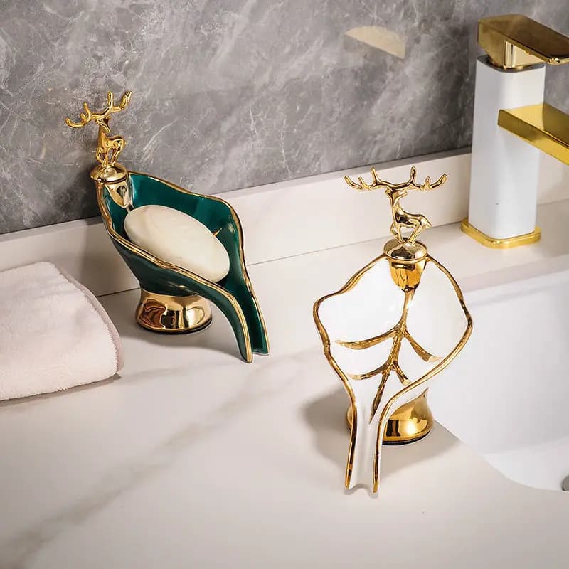 Self-draining Soap Dish Leaf Shaped Soap Box With Deer Decoration Soap Holder For Bathroom Kitchen Home Bathroom Decor