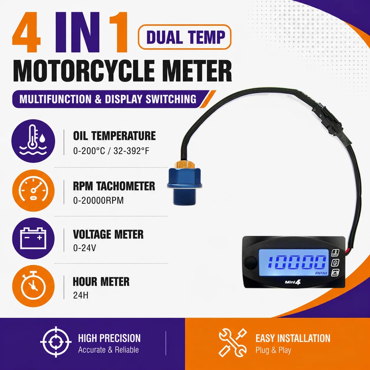 Universal 4 in 1 Motorcycle Oil Temperature RPM Voltage Time Gauge Mini LED Square Meter for NMAX XMAX PCX Scooter ATV Bike