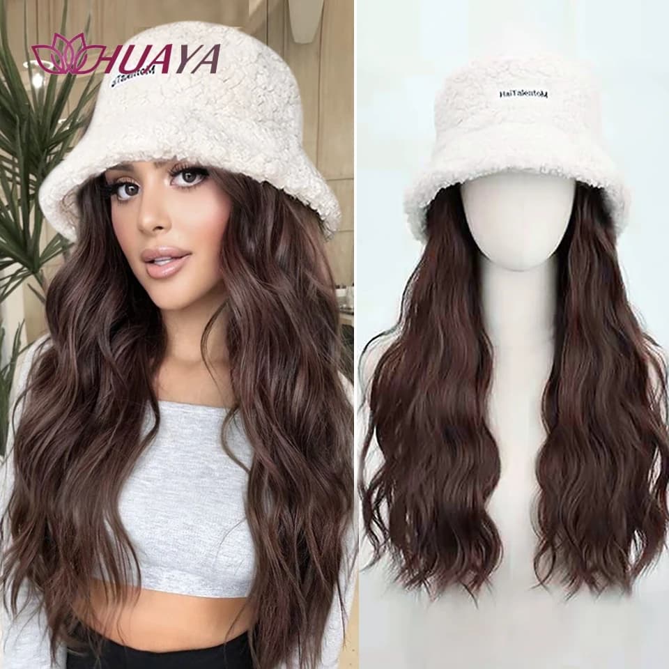 Parrucche sintetiche per cappelli da donna Parrucca ondulata naturale lunga marrone Collegare il cappello invernale Berretto invernale caldo e morbido lavorato a maglia da sci