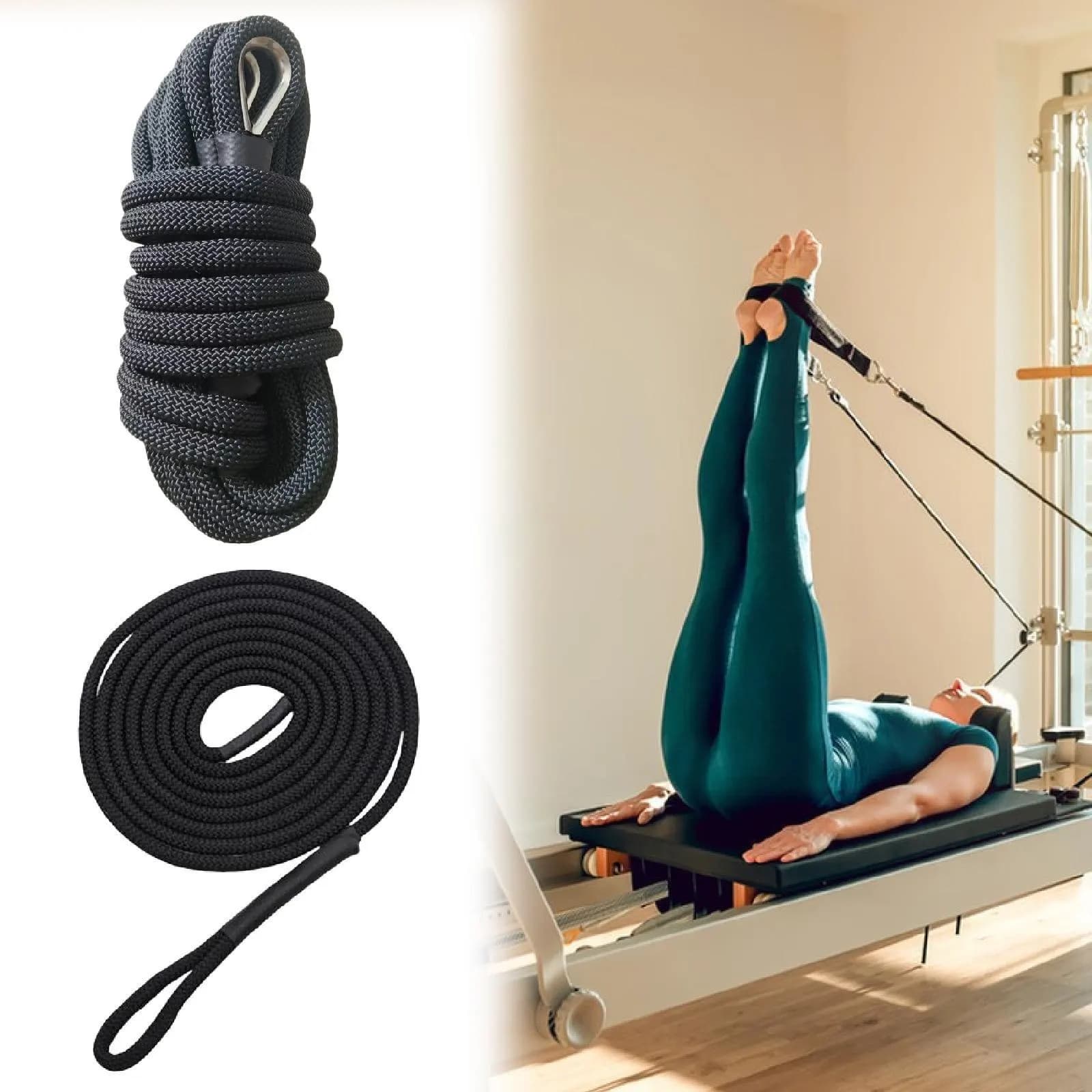 Part of Pilates reformer pull rope for exercise of balance of yoga exercises with iron ring. Versatile professional strap