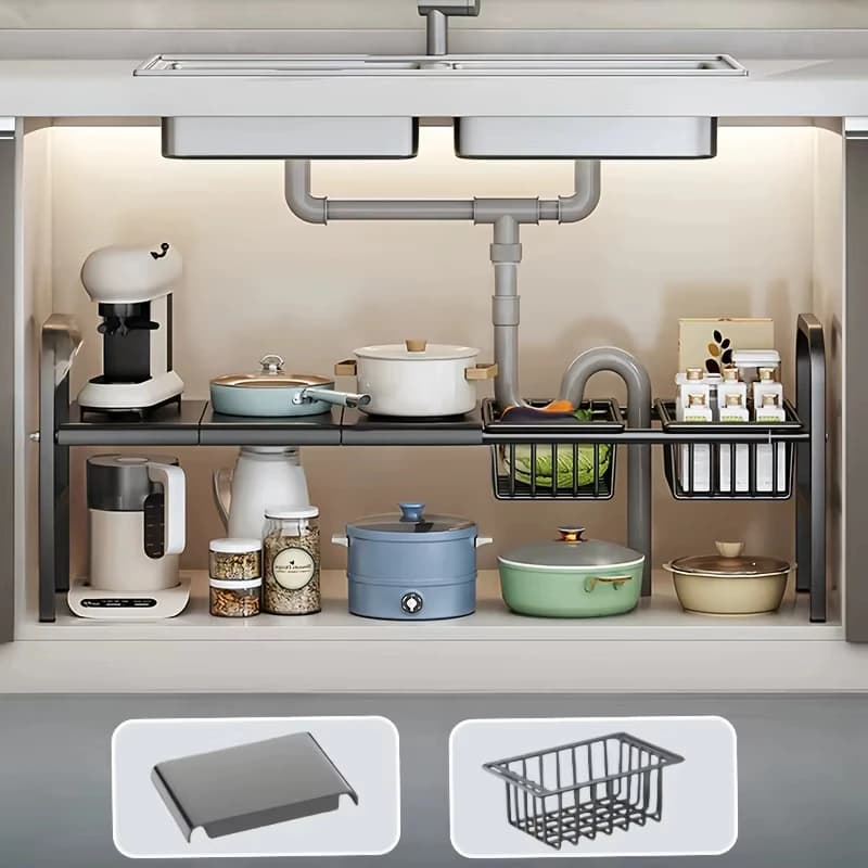 Expandable Under Sink Shelf, 2 Layer Sturdy Metal Organizer with Rust-Resistant Coating, Multi-Purpose Cabinet Storage for Bathroom, Kitchen, Laundry Room