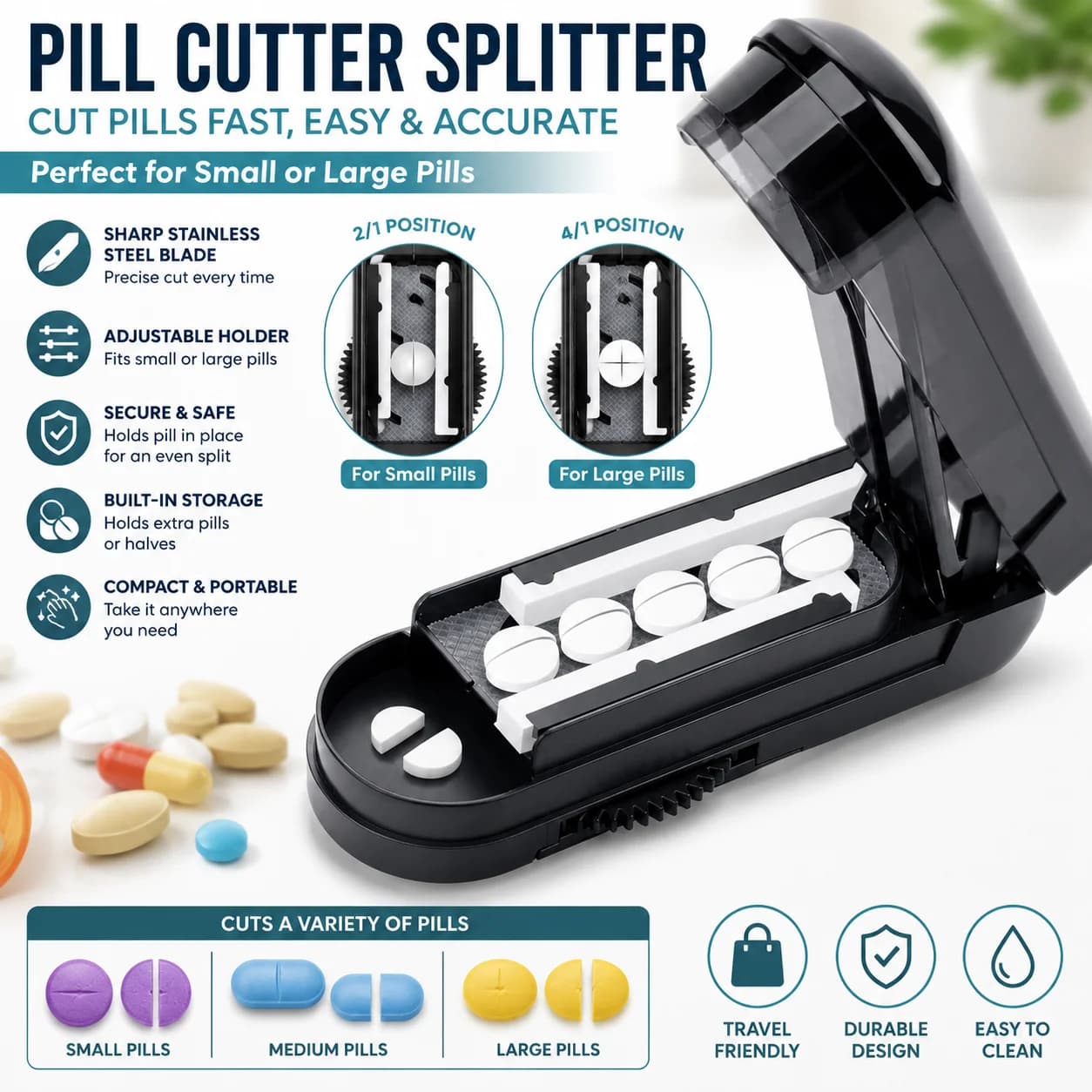 Adjustable Pill Cutter Splitter with Storage Case, Tablet Cutting Tool for Small & Large Pills, Stainless Steel Blade with Adjustable Holder for Easy Precise Pill Splitting, Compact Portable Design