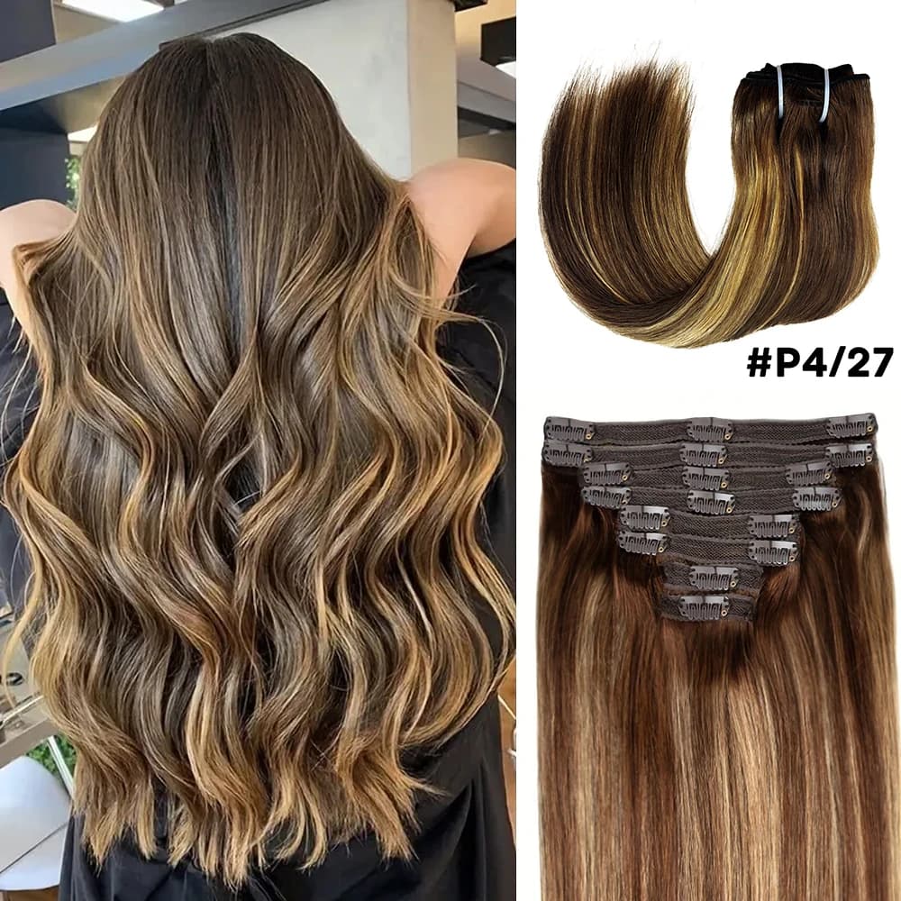P4/27 Clip nelle estensioni dei capelli Evidenzia clip di capelli umani lisci in 8 pezzi con 18 clip 120g Capelli umani al 100% Capelli castano cioccolato