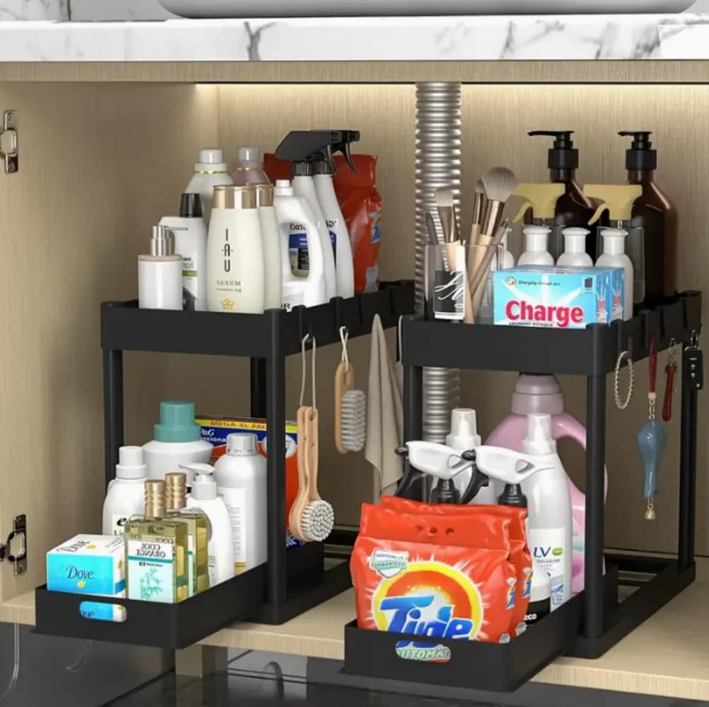 Organizzatore Sottolavello a 2 Ripiani, Montaggio Rapido in 1 Minuto, Senza Attrezzi, Acciaio Antiruggine, Scaffale Nero per Armadietto da Cucina