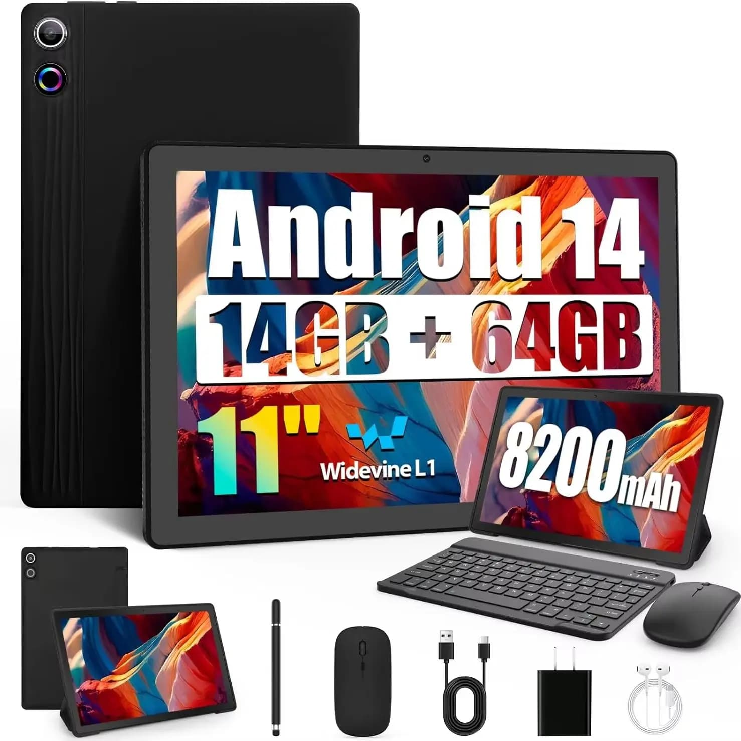 BESTSKI Tablet da 11 pollici Android 14 Octa-Core, 14GB RAM + 64GB ROM (TF 1TB), 8200mAh, Widevine L1, WiFi 6, 8 in 1 Tablet con Set