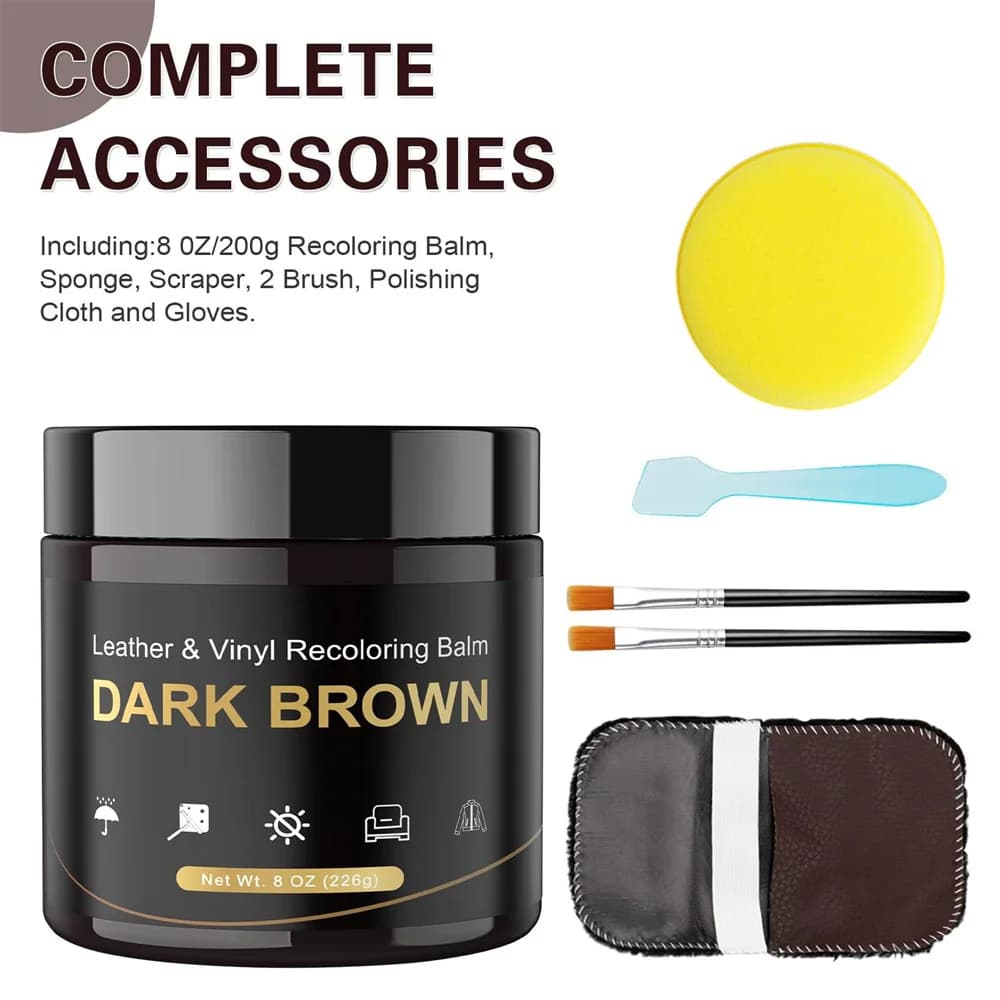 SEISSO Crema per macchie di pelle marrone scuro 200g Kit di restauro con pennello Spazzola Spugna Guanti Riparazione del colore per scarpe da mobili