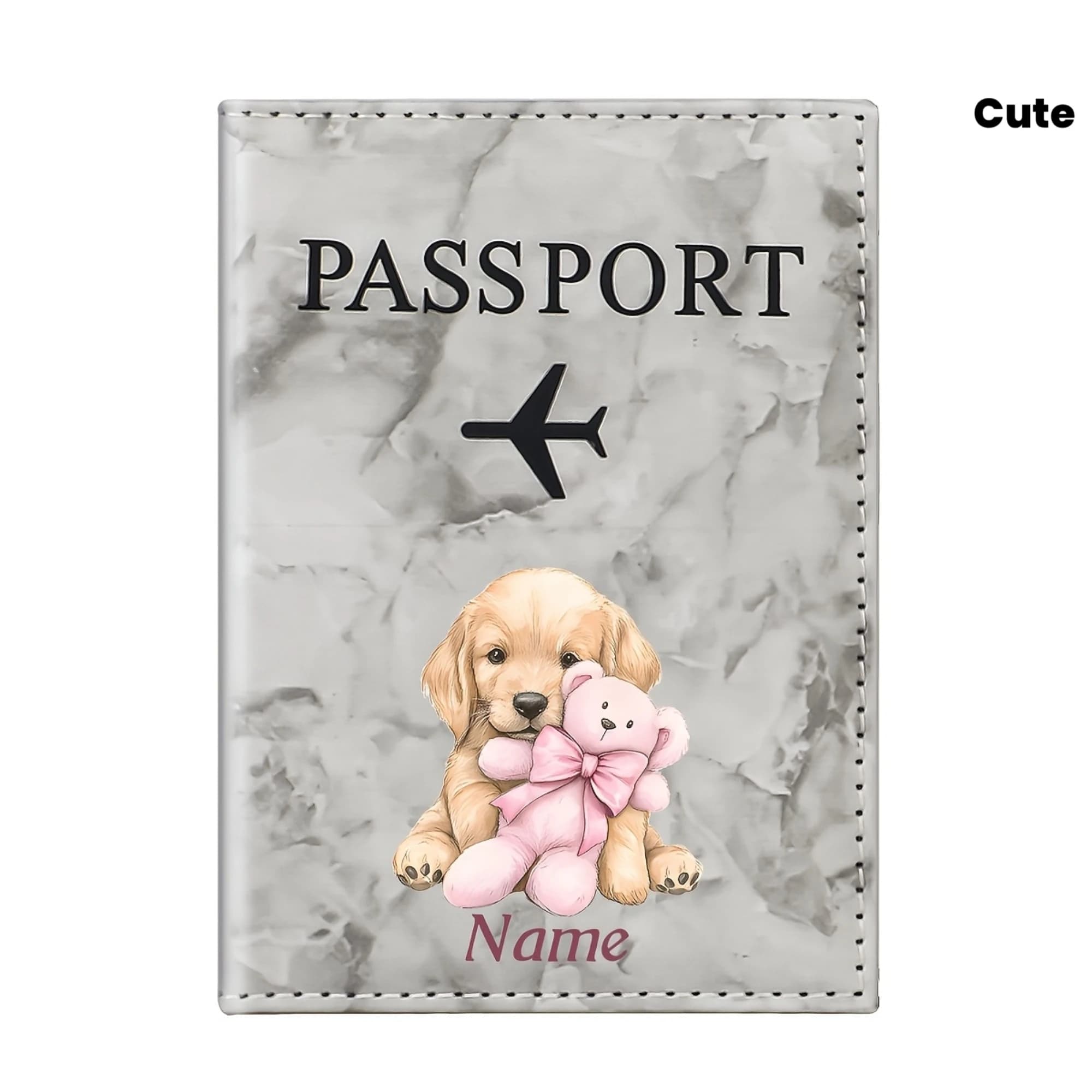 Personalized Name Customized Cute Puppy Holding Doll Illustration Design Passport Holder,Warm And Cute Pet And Pink Teddy Bear