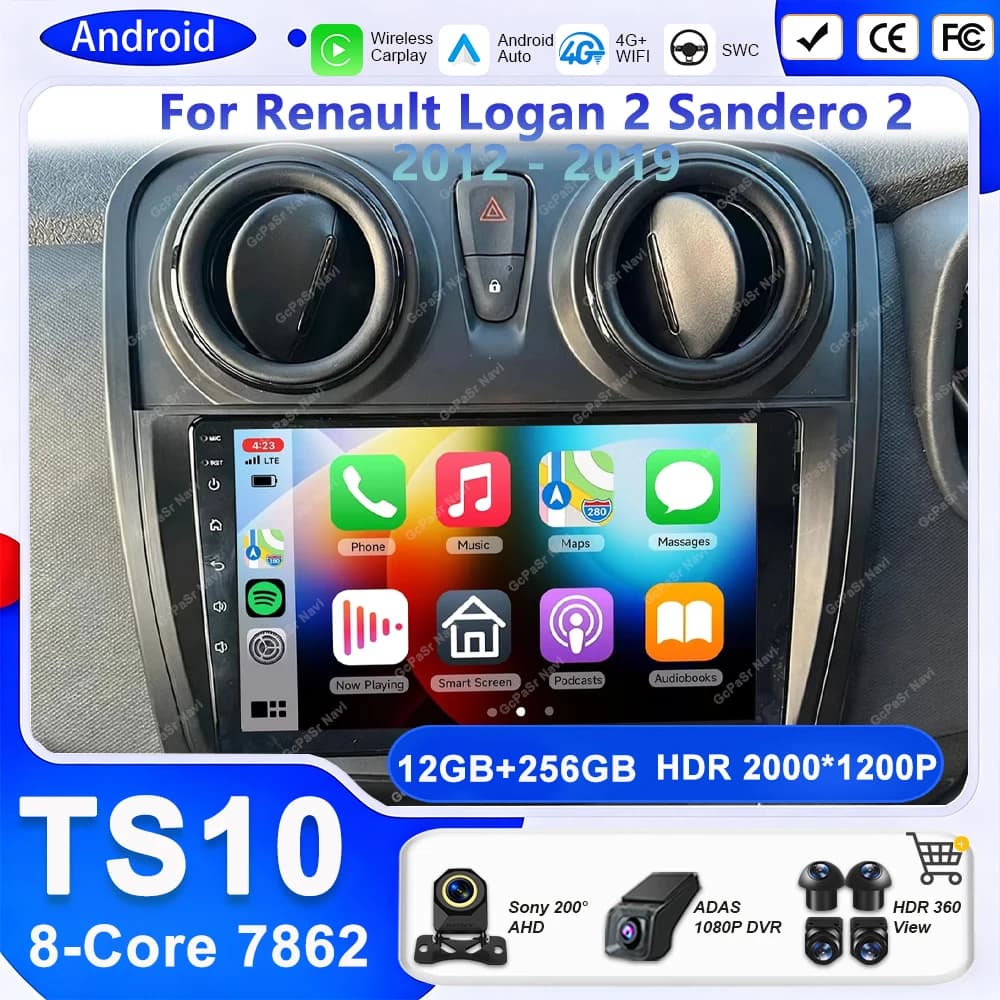 CarPlay Per Renault Logan 2 Sandero 2 2012 - 2019 Autoradio Lettore Multimediale Bluetooth 5G BT WiFi Android15 Wireless carplay