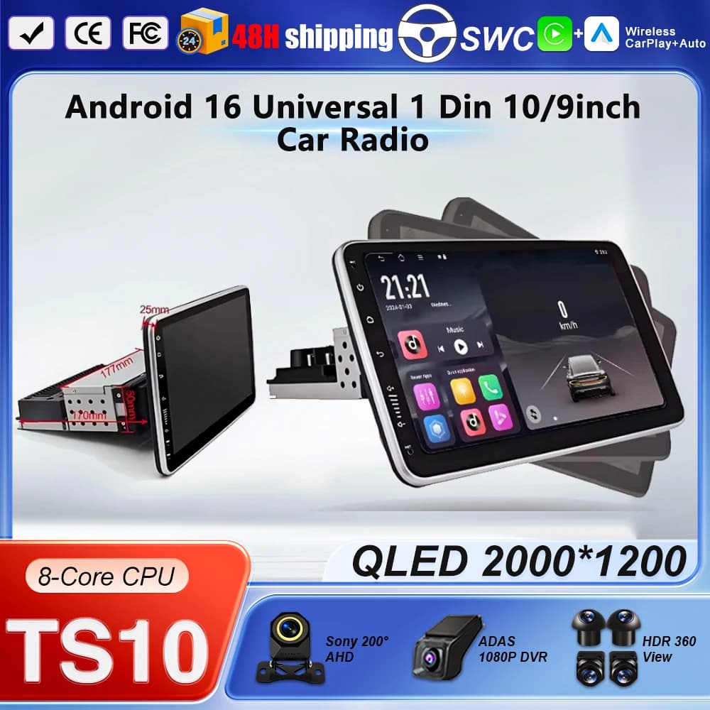Autoradio Android 16 Universal 10.1 Poles with Single Rotation, Carplay Multimedia Reader, GPS Navigation, Stereo Auto, Bluetooth, WIFI
