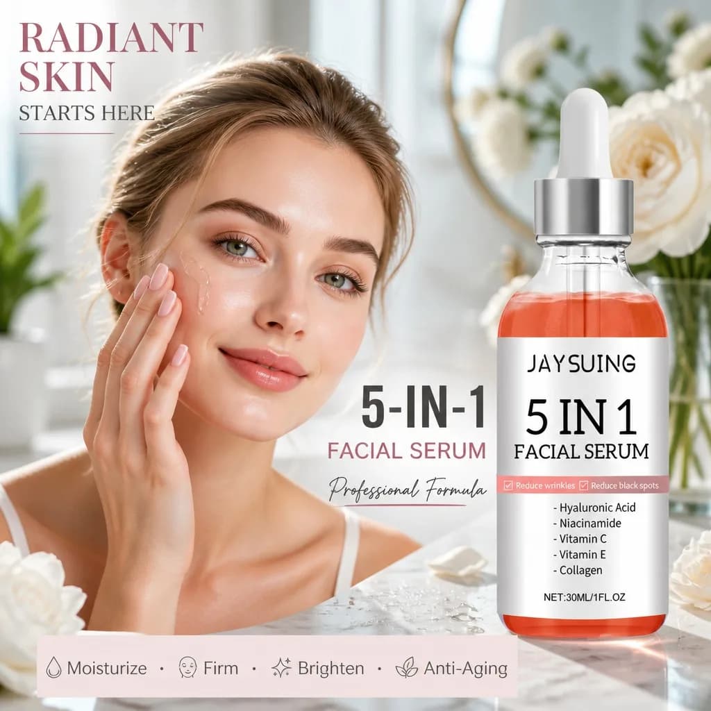 JAYSUING Siero Viso 5 in 1 with Hyaluronic Acid, Niacinamide, Vitamin C, Collagen, Hydrating, Illuminating, Anti-Macchie, Pore Care 30ml