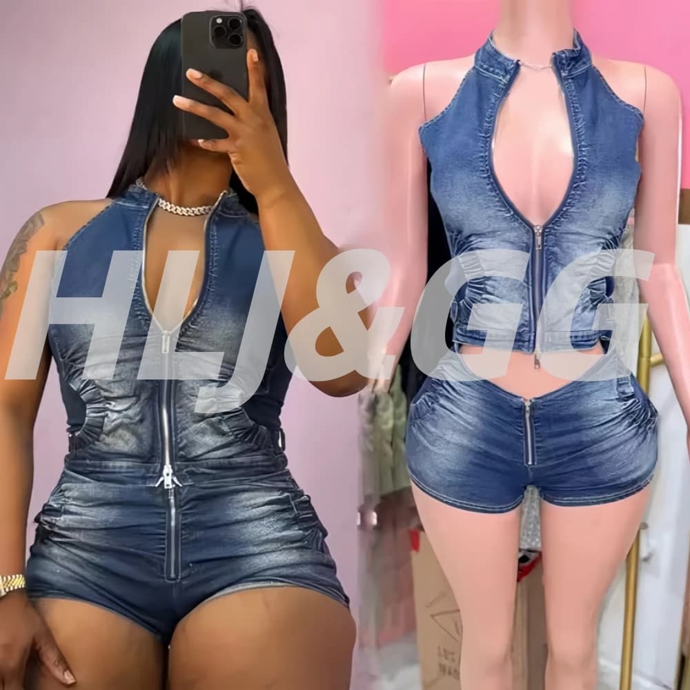 HLJ&GG Blue Fashion Denim Halter Two Pieces Women's Sleeveless Set Backless Slim Crop Top and Skinny Jean Pants Dresses Streetwear