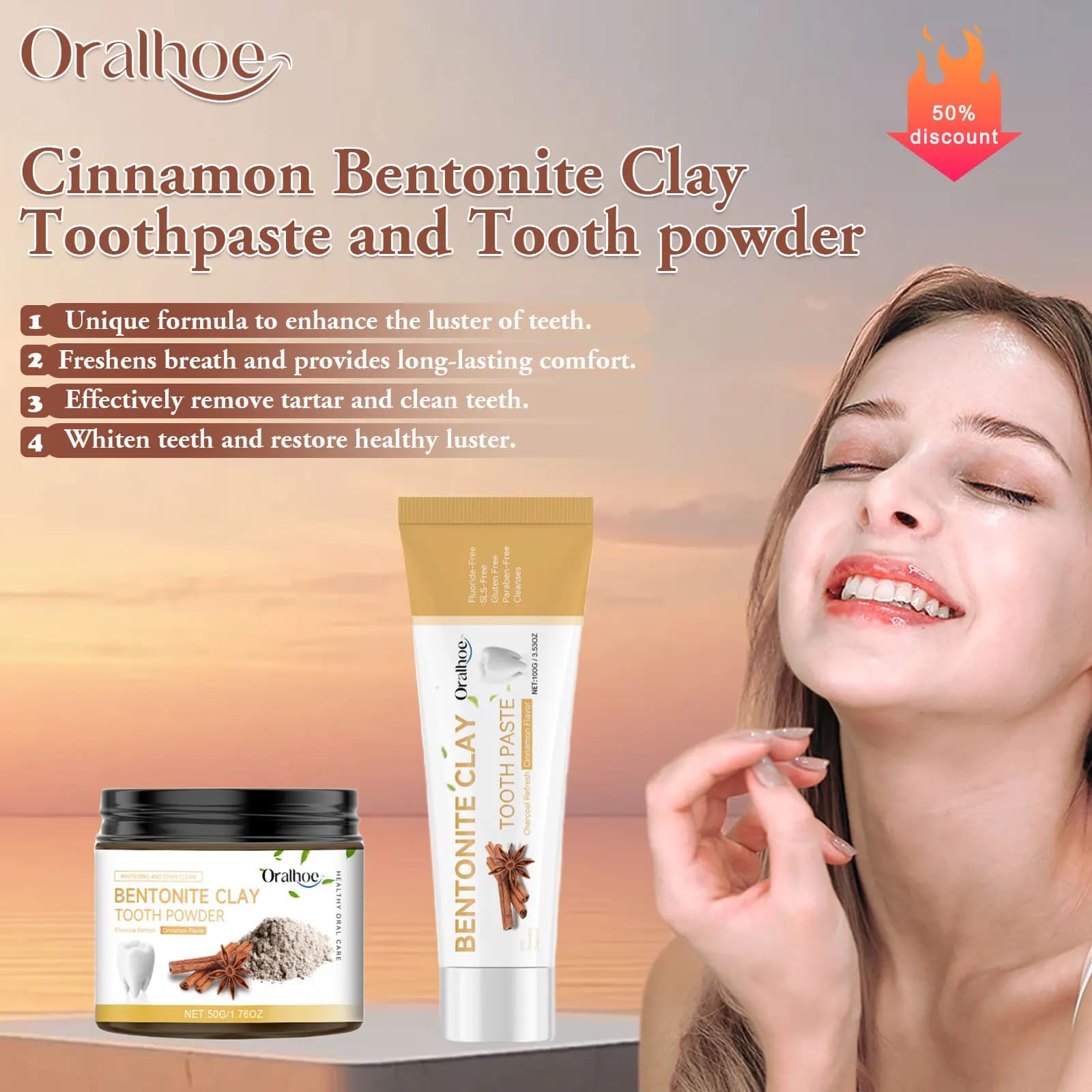 Oralhoe cinnamon toothpaste whitening powder Remove yellow spots Prevent dental caries Improve oral health Refresh breath cleanser