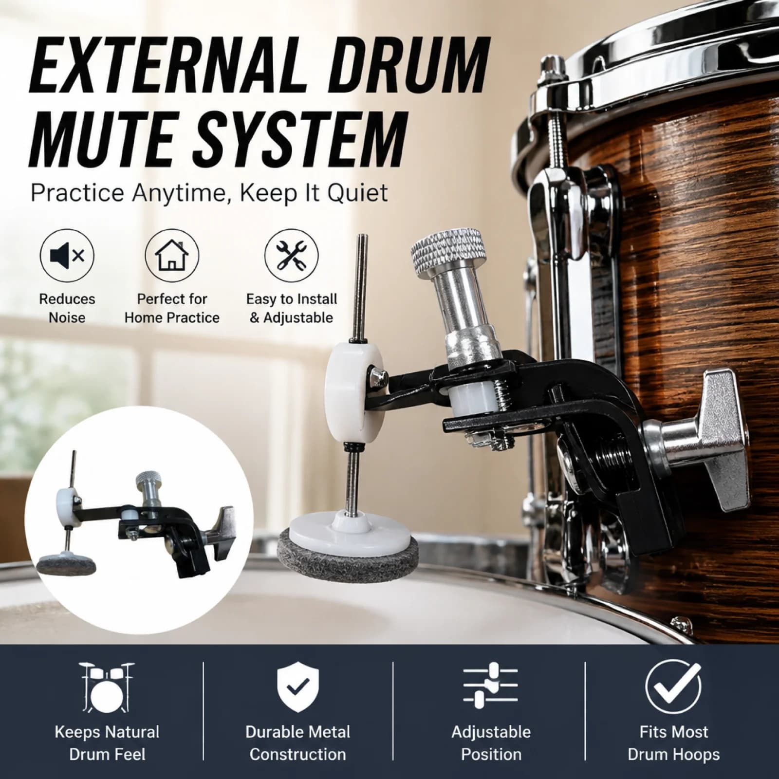 Sturdy Drum Dampener Zinc Alloy Felt Drum Mute Pad Snare Drum Damper Noise Reduction External Clamp on Mute Drum Accessories