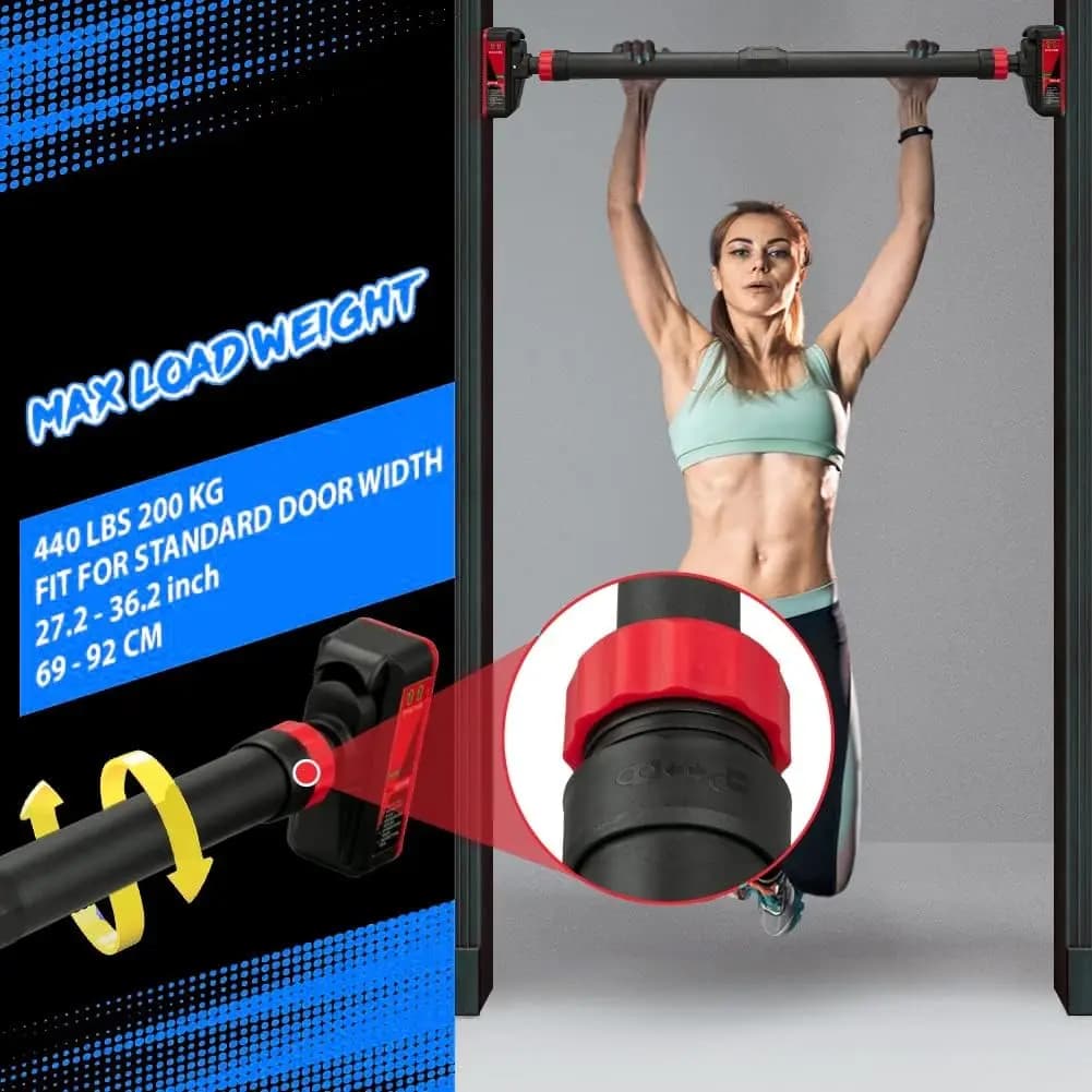 Adjustable Pull Up Bar for Doorway - 440LBS Weight Capacity, No Screws Installation with Level Meter and Auto Lock, Chin Up Bar for Home Gym Strength Training