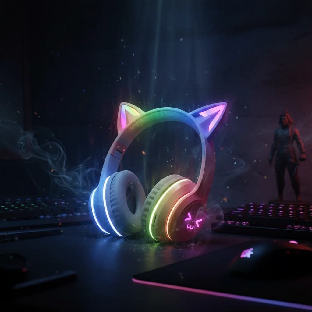 Wireless headphones with cat ears, play headphones with light, Bluetooth compatible, over-ear headphones cute for children and adults