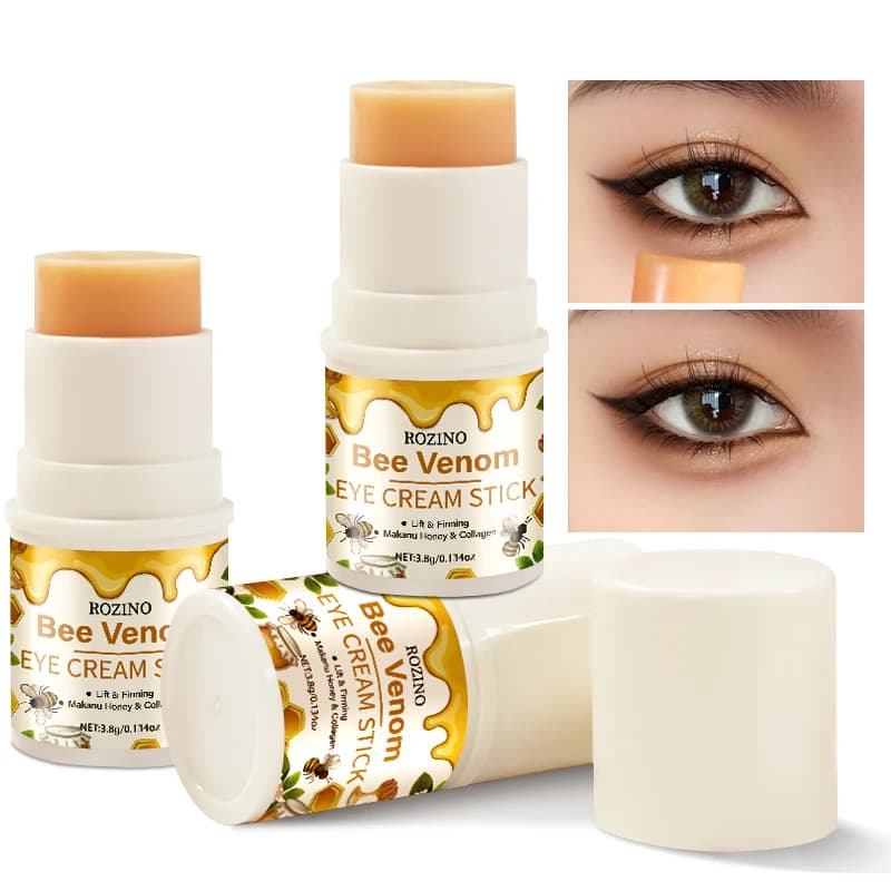 Rozino Bee Venom Eye Cream Stick Adds Manuka Honey and Collagen, the Rotating Solid Stick Is Easy to Apply, Gently Moisturizes and Cares for Dry and Rough Skin Around the Eyes, the Compact Cylindrical Design Is Portable, Suitable for Morning and Evening Use, and Is Compatible with Various Skincare Products.