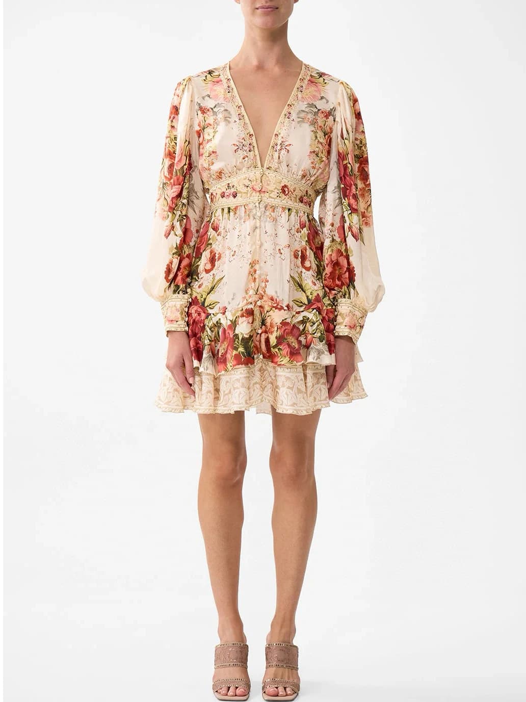 Mini abito Boho con stampa floreale beige chic in vera seta al 100% da donna con scollo a V e maniche a sbuffo e orlo con volant