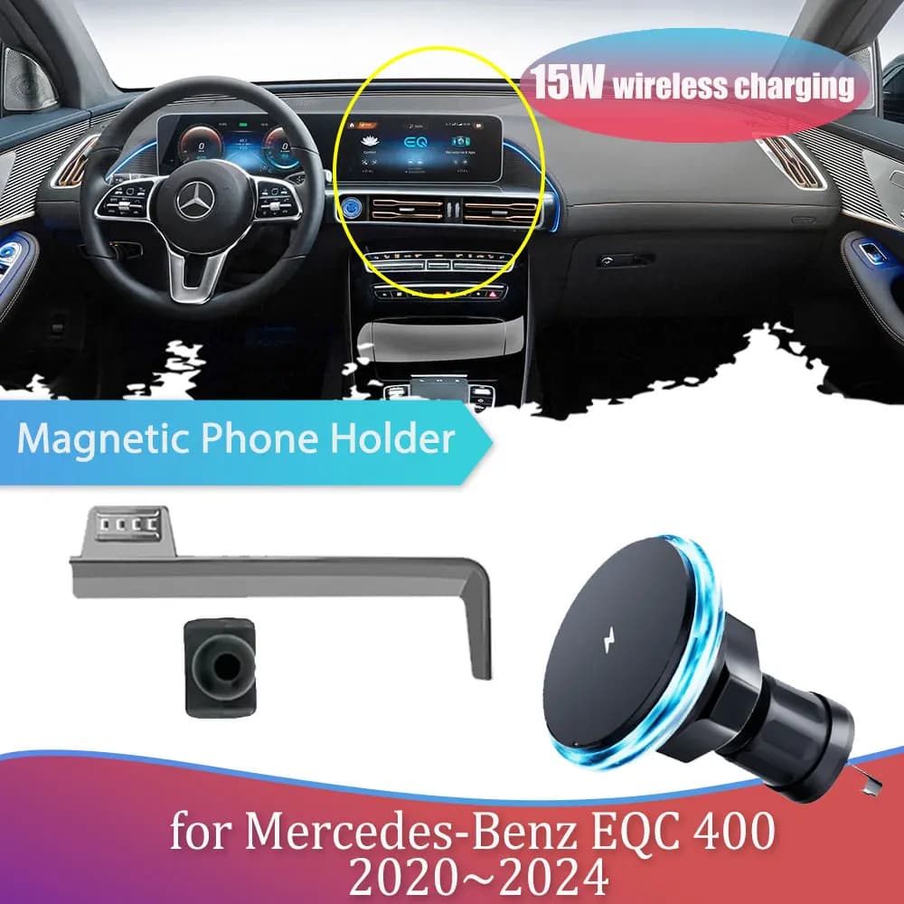 Supporto per telefono per auto da 15 W per Mercedes-Benz EQC 400 2020 ~ 2024 2021 Supporto GPS magnetico Base di ricarica wireless Clip Accessorie iPhone