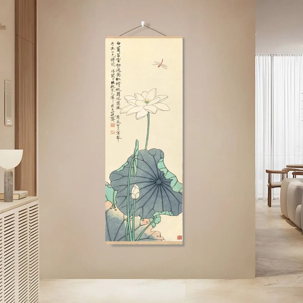 Modern flower and bird painting "White Lotus Dragonfly" hanging painting, office tea room decoration painting