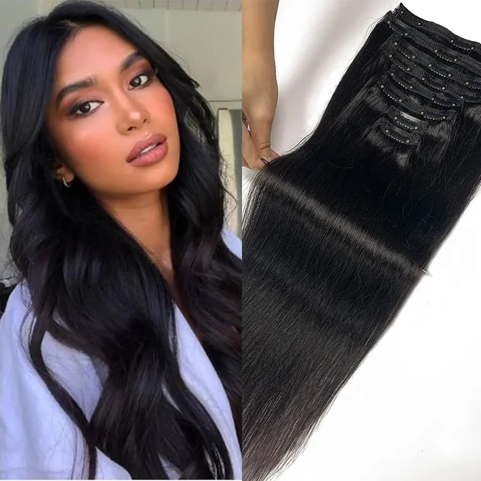 Clip nelle estensioni dei capelli umani Diritto naturale Vergine brasiliana Testa piena Clip-On HairPiece 12-26 pollici per le donne 120G 8 pezzi / set
