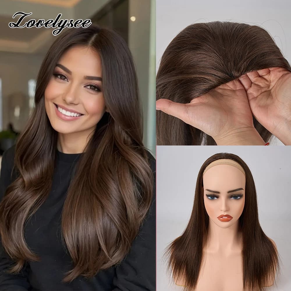 Lovelysee 3/4 half human hair wig with clip in hair extensions smooth silky Remy color brown soft 150% 180% wig for women