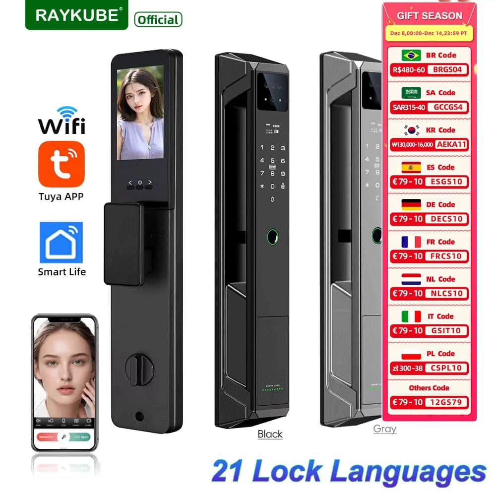 RAYKUBE P8 Tuya WiFi Camera Palm Vein Smart Lock Riconoscimento facciale Blocco impronta digitale digitale con videochiamata Voce 21 lingue
