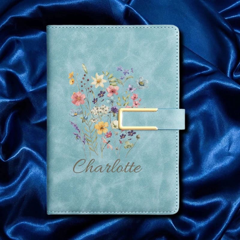 A5 Floral Monogram Custom Name Faux Leather Hardcover Journal Work Travel Halloween Christmas Notebook
