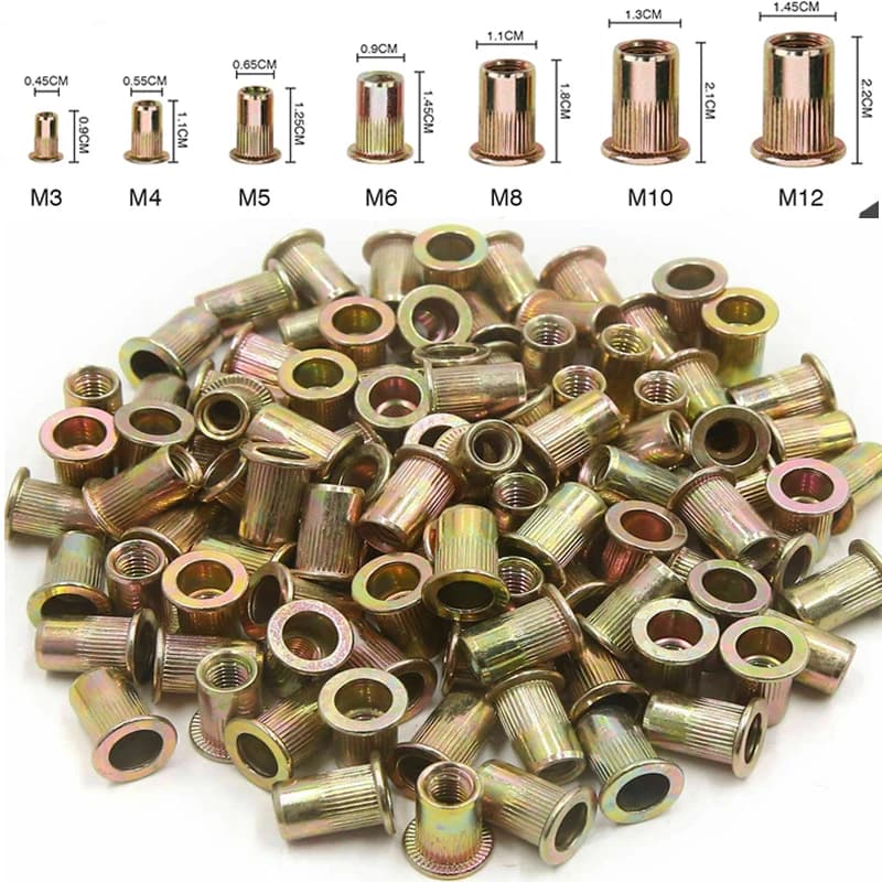 10/20/50PCS Filettato Rivetto Dadi Ciechi Set Testa Piatta Inserto Rivetto Dadi Cap In Acciaio Al Carbonio Rivnuts Kit di Strumenti M3/4/5/6/8/10/12