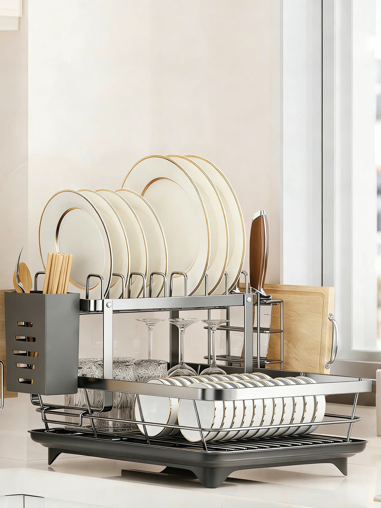 2-Tier Metal Countertop Dish Drying Rack with Utensil Caddy, Wine Glass Holder & Cutting Board Slot, Large Capacity Tableware Organizer for Plates, Bowls & Glasses