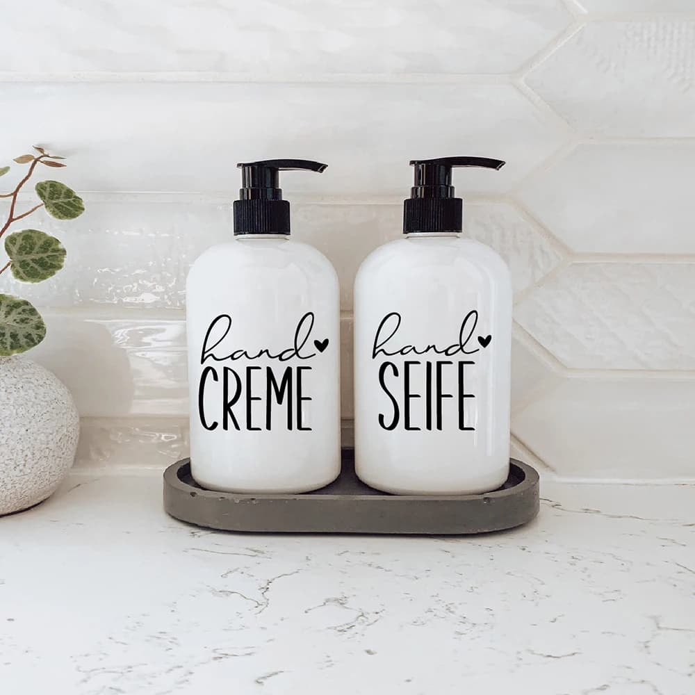 Etichetta tedesca Seife per le mani Adesivo in vinile Decalcomanie per dispenser di sapone Waschmittel, Decalcomania per segno di crema per le mani per la decorazione di bottiglie di dispenser