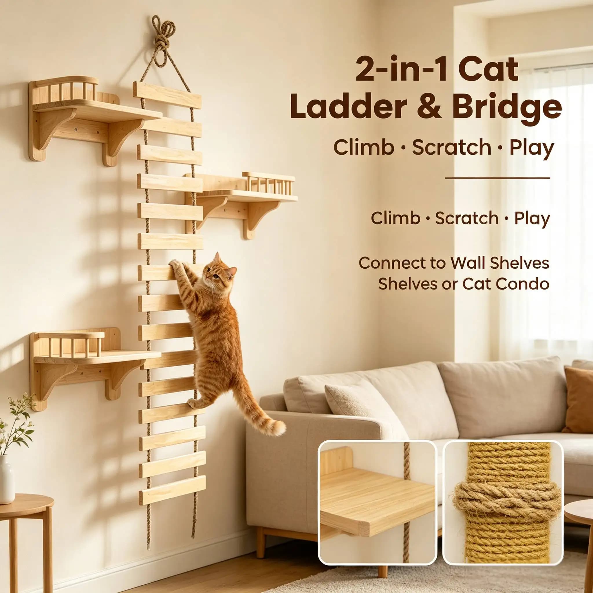 Solid Wood Cat Bridge Ladder, Hanging Rope Cat Climber for Wall Shelves, Cat Condo, Scratching and Play