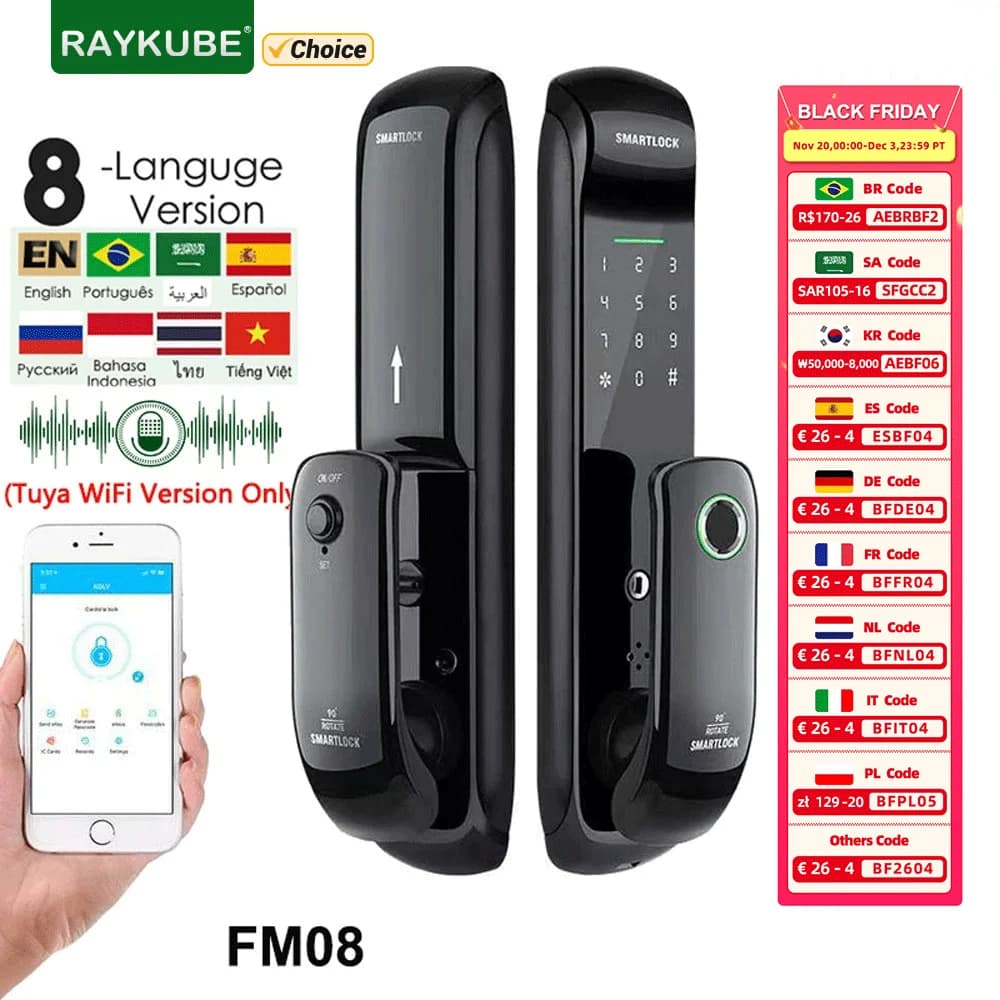 RAYKUBE FM08 Tuya Wifi Smart Door Lock TT Lock Fingerprint Lock serratura digitale biometrica elettronica automatica per Smart Home