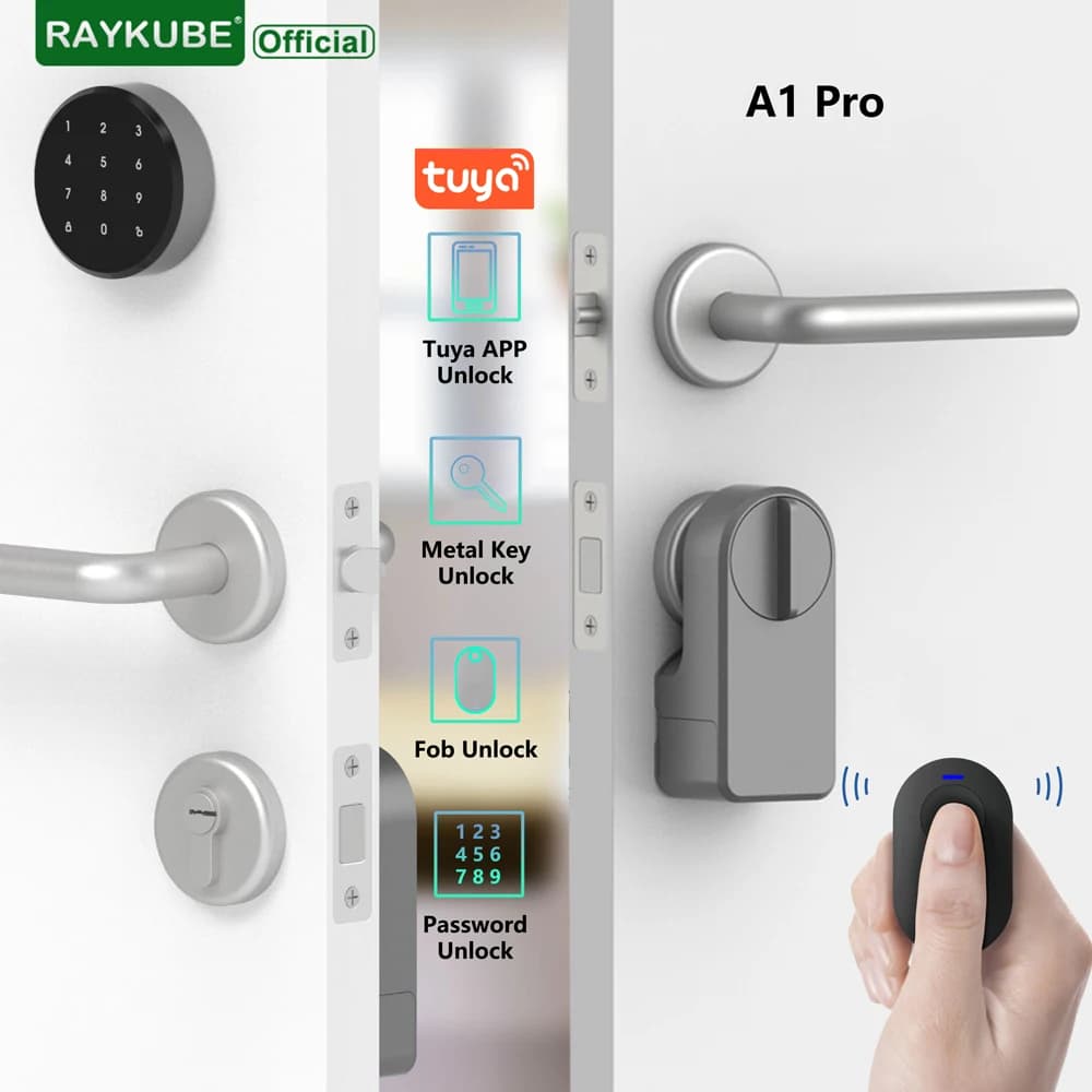 RAYKUBE A1 Pro Tuya BEL Smart Electronic Door Lock Set with Fobs/Wireless Keypad/Smart Key Smart Life/Tuya APP Remote Unlock