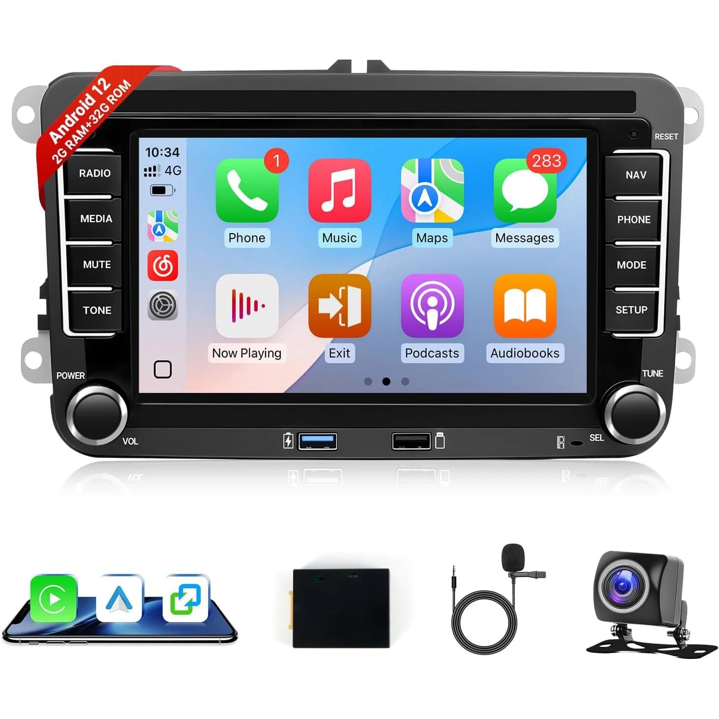 Car Radio for Volkswagen Golf MK5 MK6 VW Passat Jetta Beetle SEAT Stereo with Wireless Carplay Android Auto, 7 inch Touchscreen Head Unit with Bluetooth GPS WiFi FM Rear Camera SWC, 2+32G