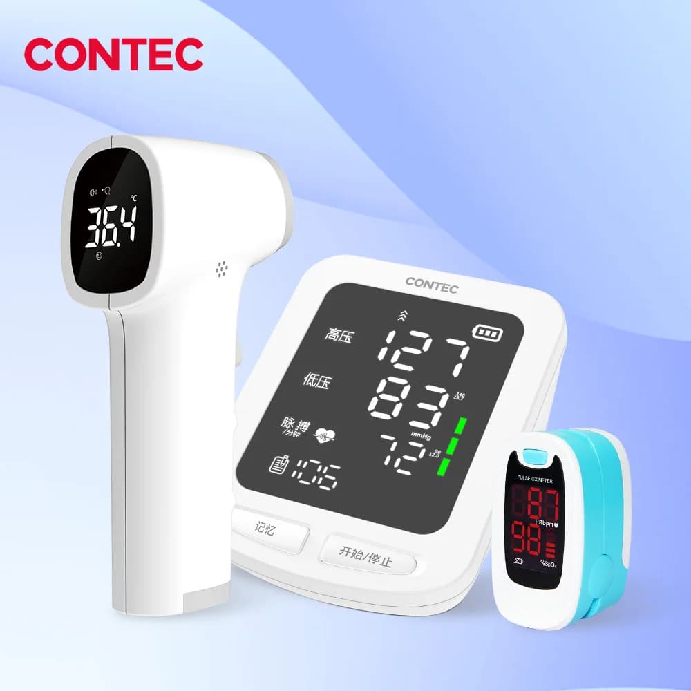 CONTEC Portable Digital Automatic Arm Pressure Meter Blood Pressure Pulsossimeter From finger and front infrared thermometer without contact