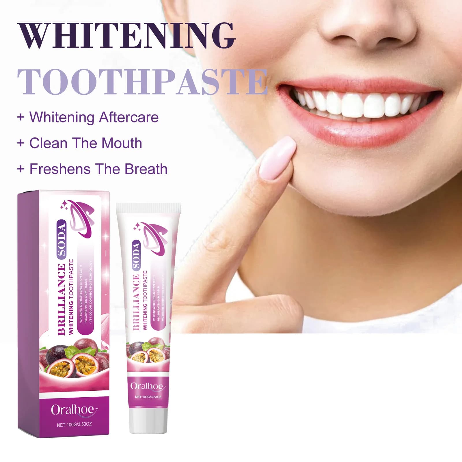 Teeth whitening care of fresh breath gums teeth cleansing yellow spots improvement of oral tartar brilliance Soda toothpaste white