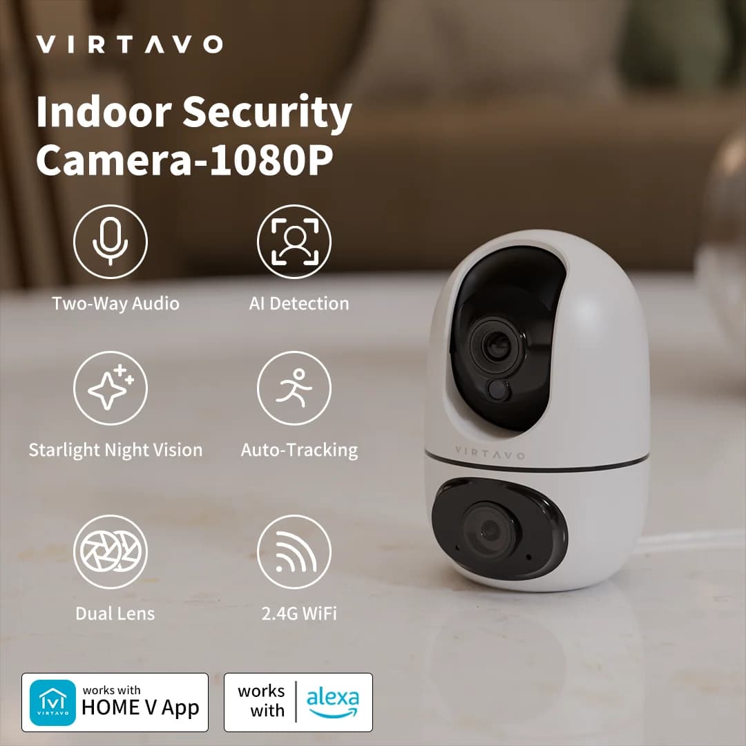 Virtavo EggSentry Telecamera di sicurezza per interni, doppia lente e vista divisa, 360 ° Baby monitor PTZ e videocamera per animali domestici, tracciamento del movimento, audio bidirezionale,