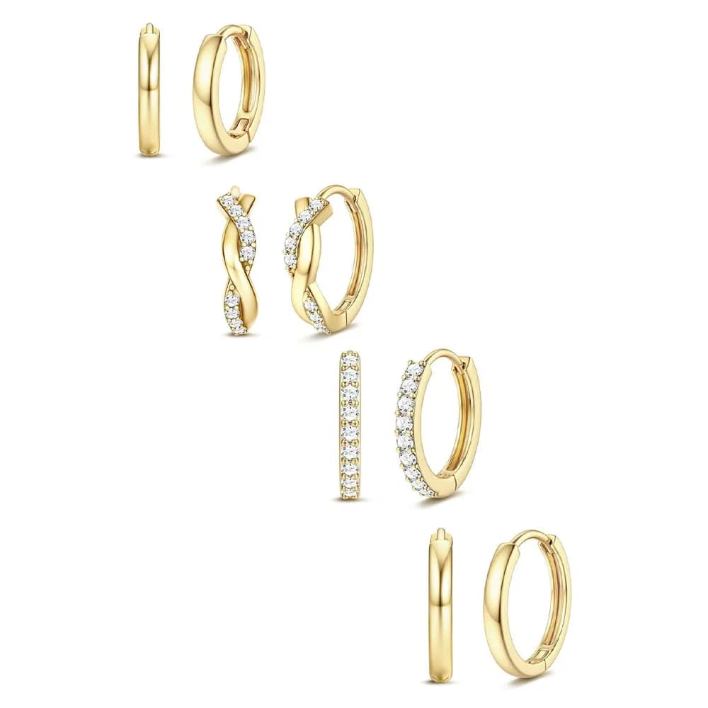 4/1 pair of stainless steel circle earrings with zircons Huggie, penetrating earrings for cartilage plated in 14K gold for women wholesale