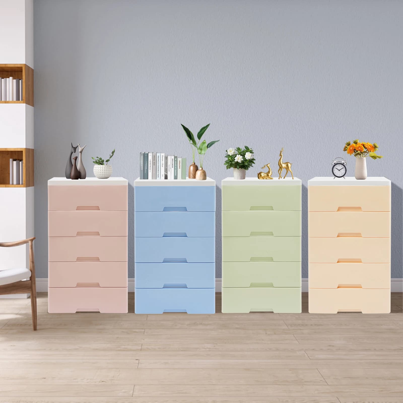 Cassettiera con cassetti in plastica, armadio portaoggetti a 5 cassetti 43,5x29x80 cm, organizer per camera da letto da bagno con ripiano superiore, mobili adatti ai bambini