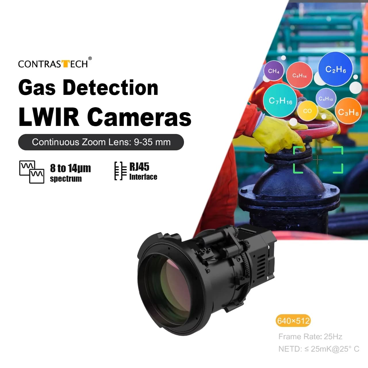 640×512 LWIR Modulo rilevatore di gas VOx non raffreddato per SF6 C2H4 CH4 C2H6 C3H8 C4H10 Nucleo di imaging a infrarossi termografico CONTRASTECH