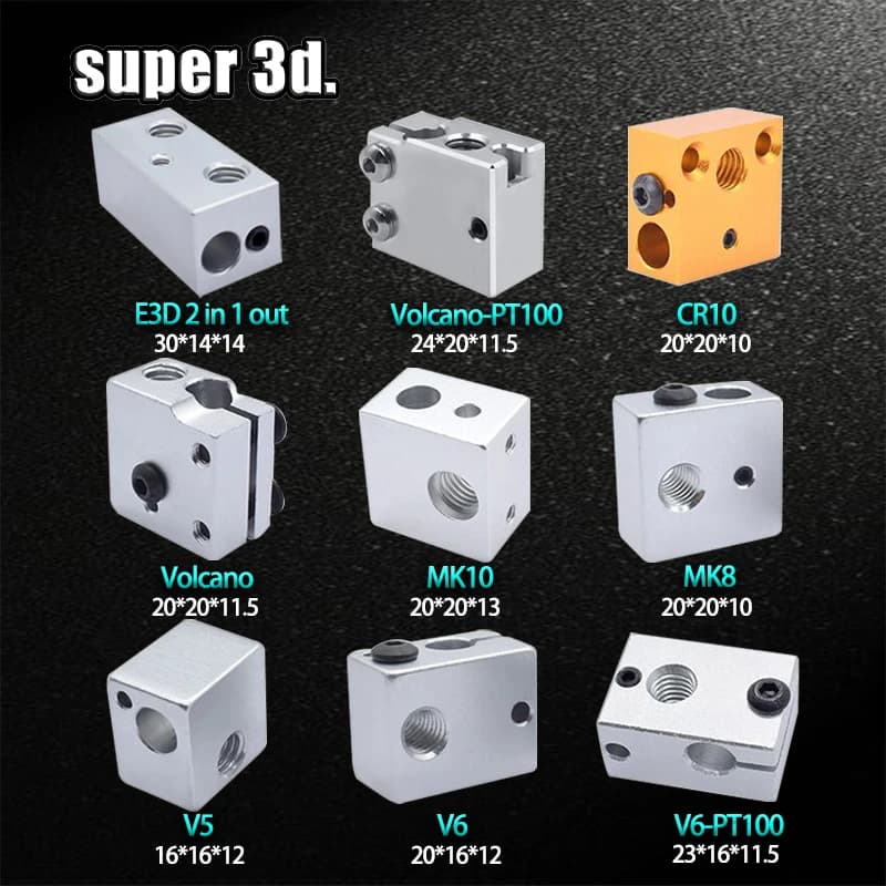 1 pz 3D Heat Block E3D V5 V6 MK7 MK8 MK2 MK10 Vulcano PT100 CR10 2 IN 1 OUT Alluminio/Latone Per Hotend 3D Parti Della Stampante