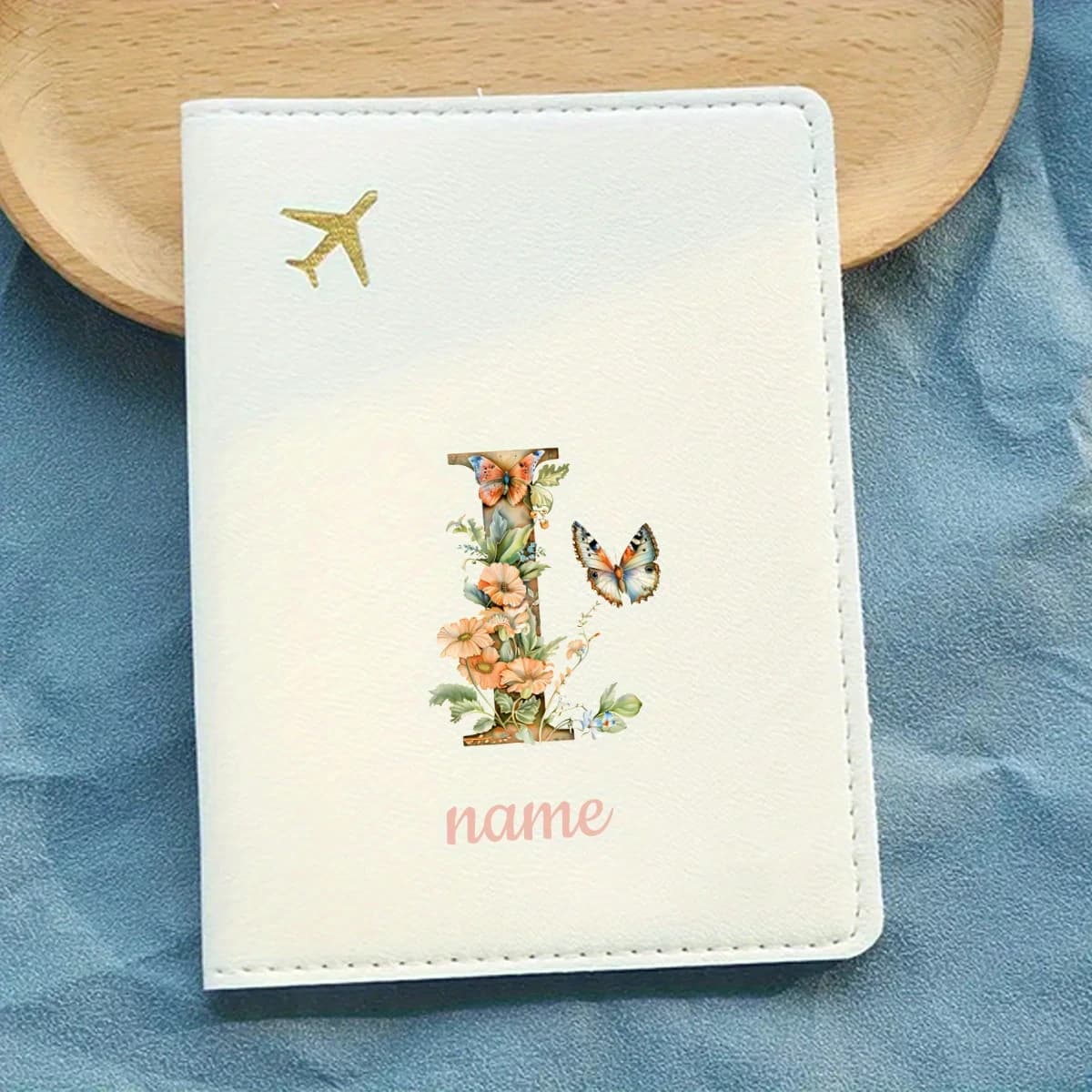 Personalized Name Passport Holder with Blue Floral Pattern, Accommodates 26 Letters, Made of Lightweight Synthetic Faux Leather