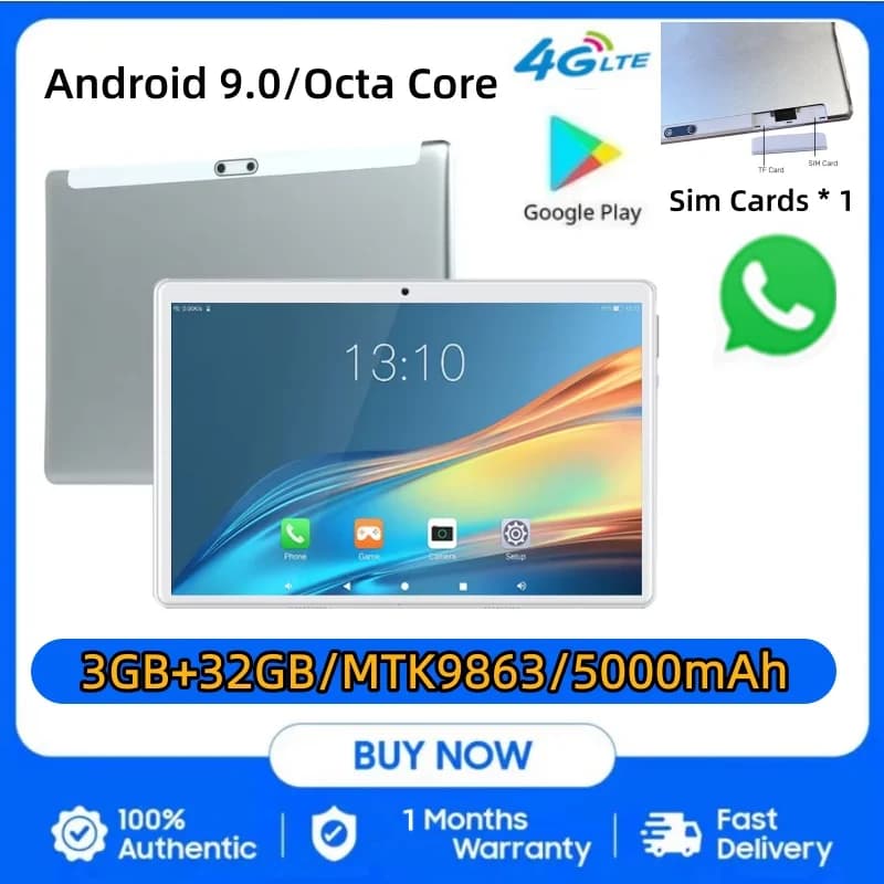 Grandi Sconti 2026: Tablet Android 9.0 da 10.1 pollici con Supporto Chiamate 2G/3G/4G, CPU Octa Core MTK9863, Doppia Fotocamera, Batteria 5000mAh, Slot SIM * 1