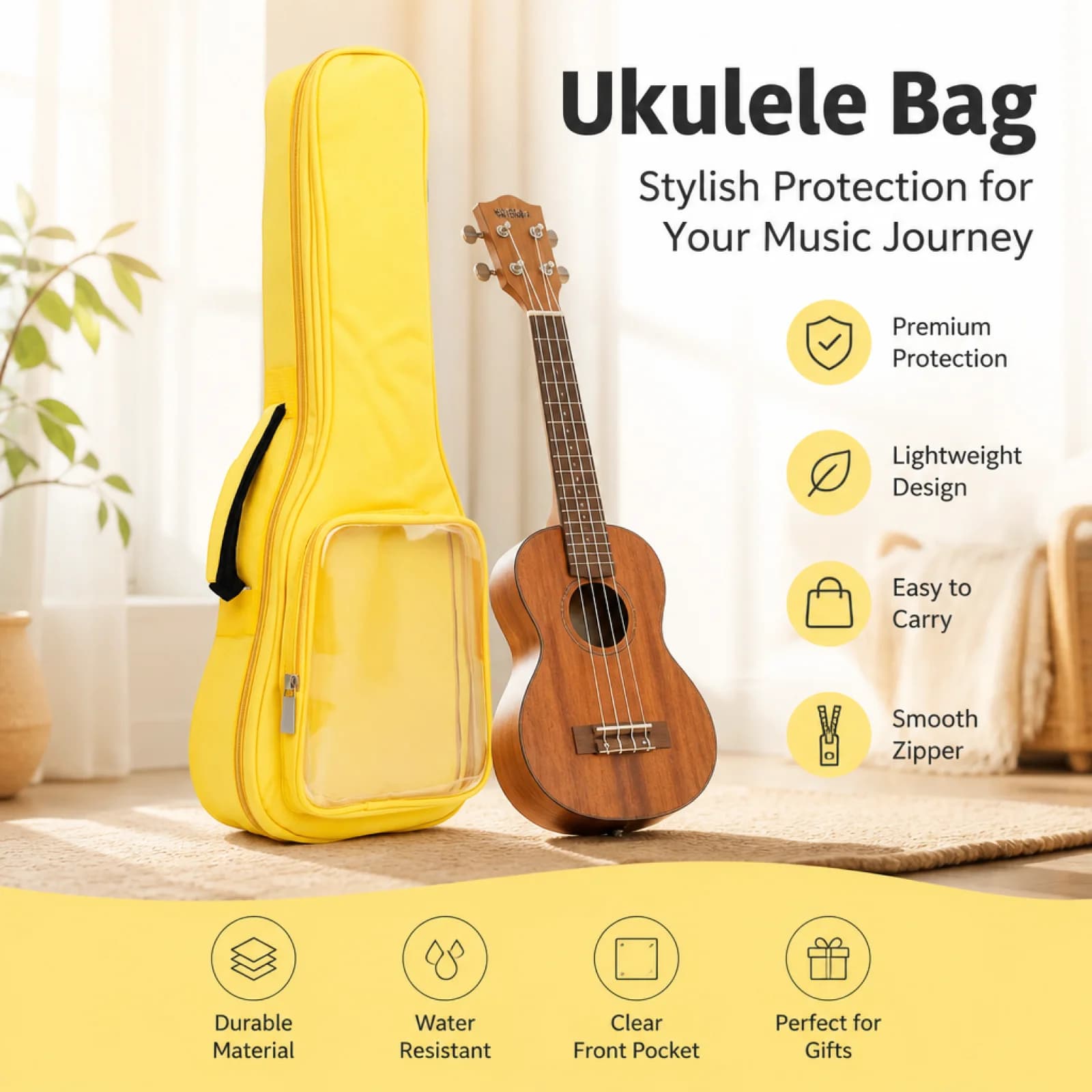 Lightweight Water-Resistant Adjustable Ukulele Gig Bag for Students Travel Music Lessons - Durable Protection