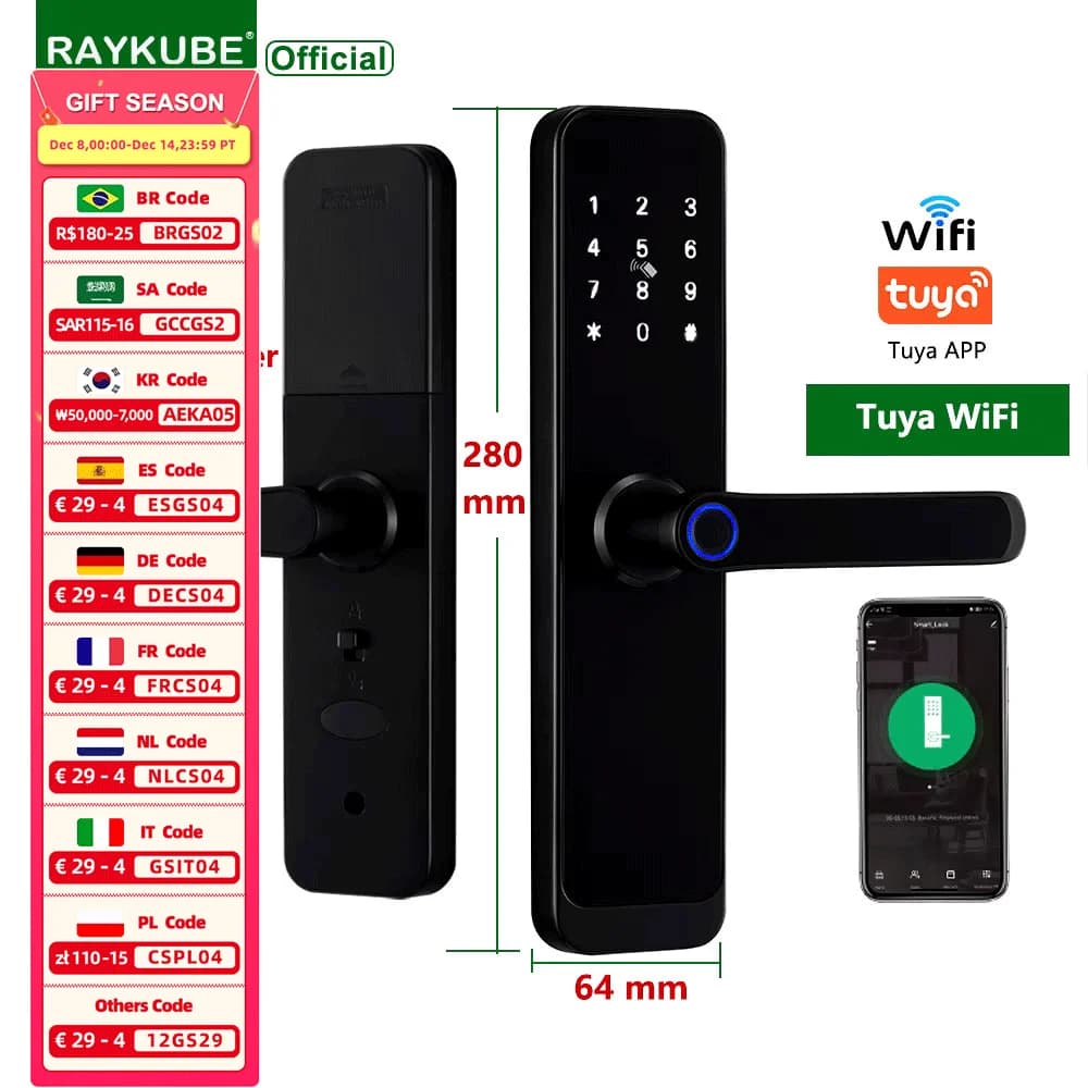 RAYKUBE K8 Tuya Wifi Smart Door Lock Blocco impronte digitali Serratura elettrica digitale con maniglia più grande Pannelli Campanello APP Sblocco