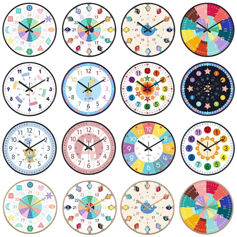 24 Style 8 Inch Early Childhood Education Clock Mute Home Living Bedroom Wall Punch-free Battery Powered Electronic Color Clock